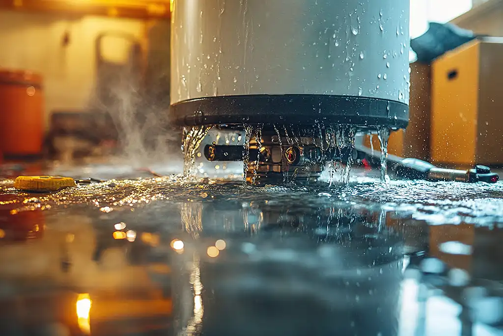 Close-up of a leaking water heater causing water damage on a garage floor, representing an urgent plumbing emergency in Murrieta, CA.