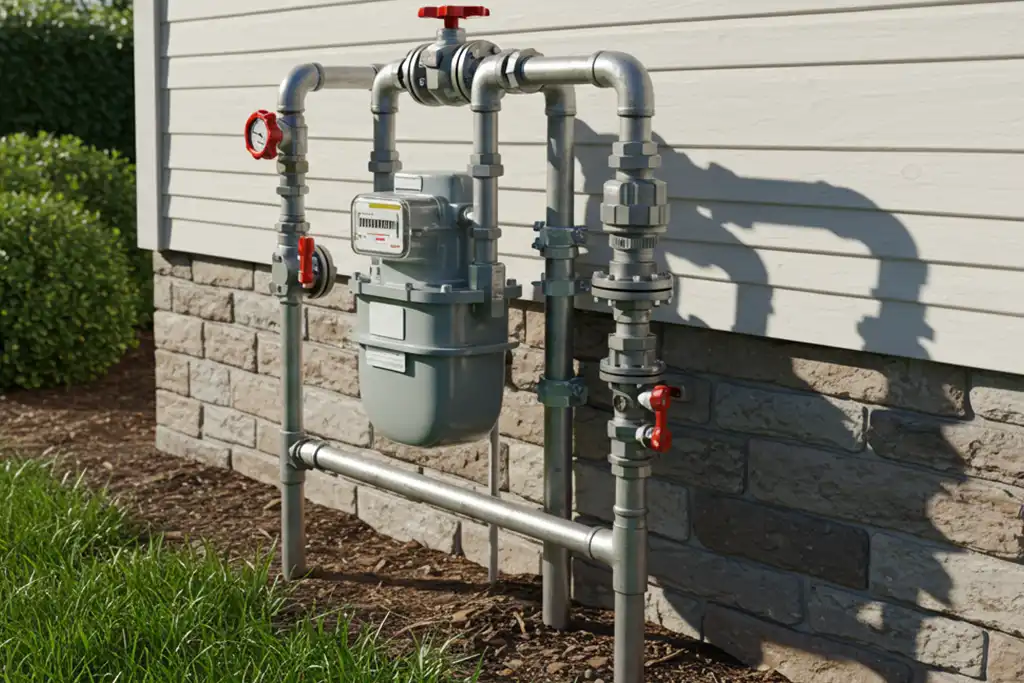 Professionally installed residential gas meter with pressure regulators and shut-off valves mounted on the exterior of a home in Murrieta, CA.